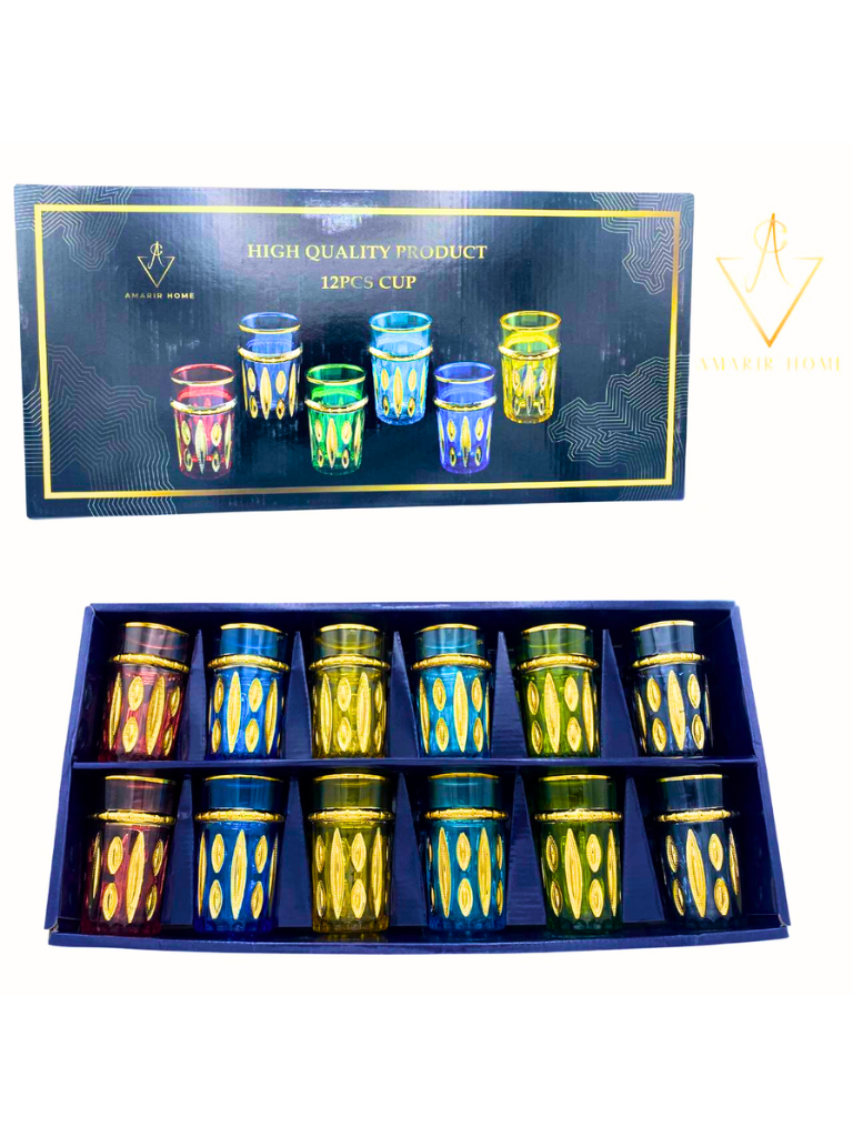 Set 12 Bicchieri da Tè Marocchino Colorati con Decori Oro