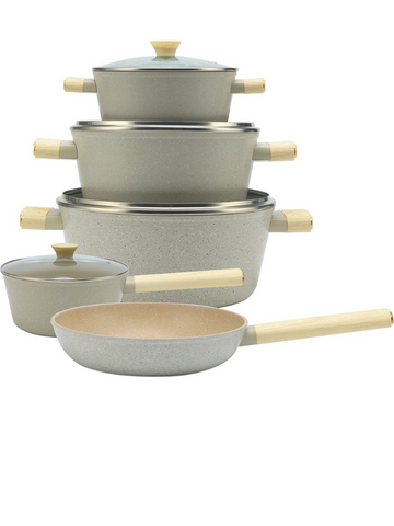 Royal Swiss Pan Set ® Set de poêles forgées - 11 pièces - Avec couvercles en verre - Tous feux - Revêtement antiadhésif - Sans PFAS - Revêtement marbre - Induction - Avec gants de cuisine - Beige 