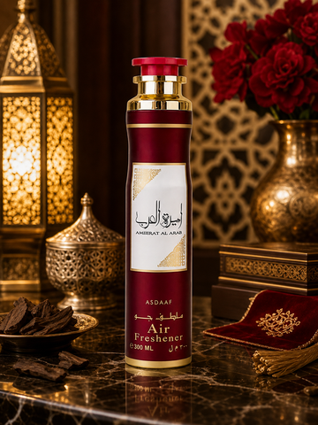 Ameerat Al Arab Lattafa air freshener 300 ml rosso oro in ambiente luxury orientale