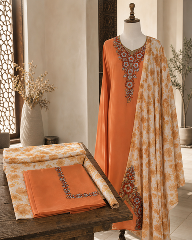 Set Tessuto Makhawir Dubai Arancio e Crema con Ricamo - esempio di utilizzo in sartoria