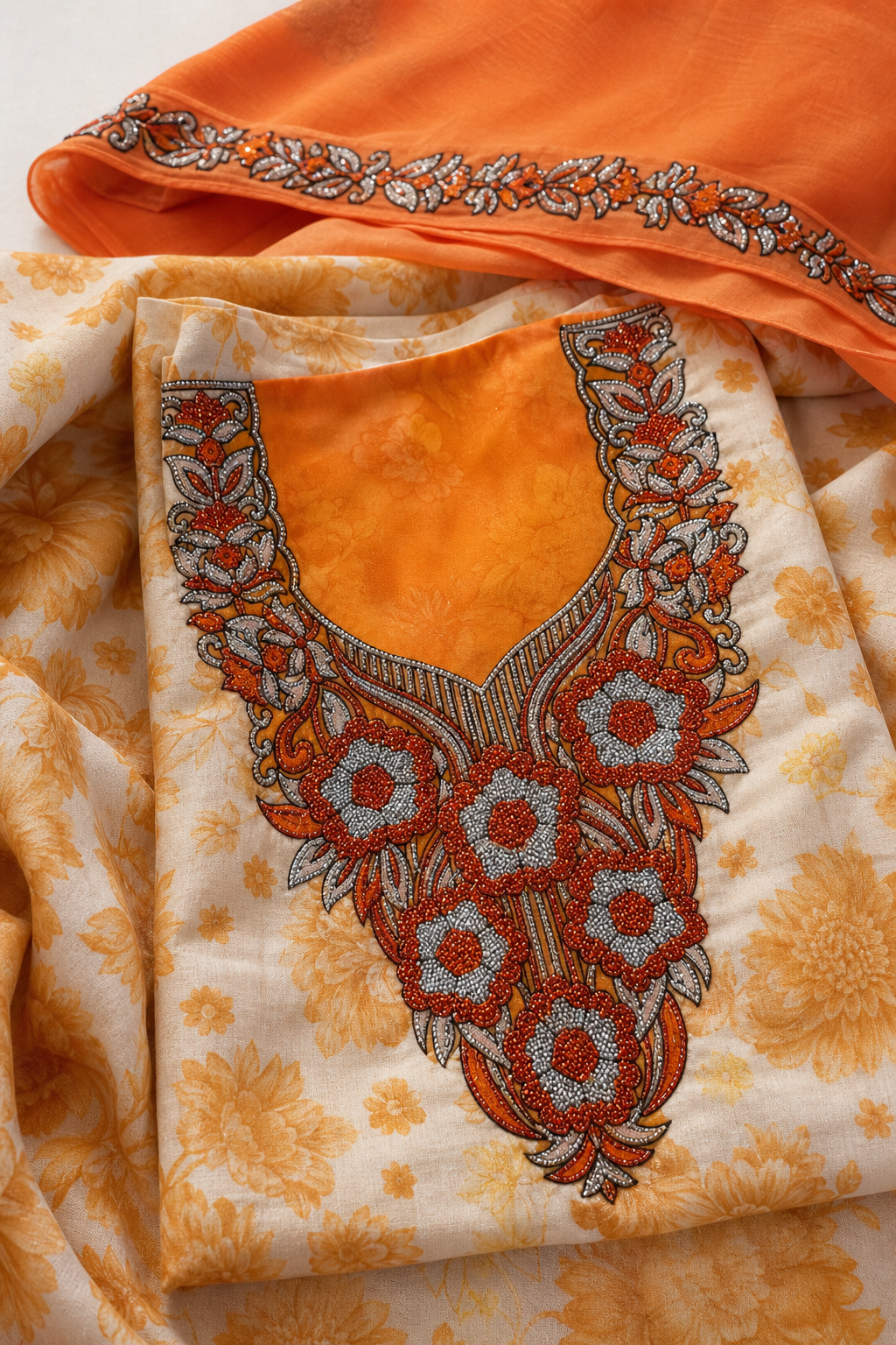 Set Tessuto Makhawir Dubai Arancio e Crema con Ricamo - dettaglio ricamo e tessuto