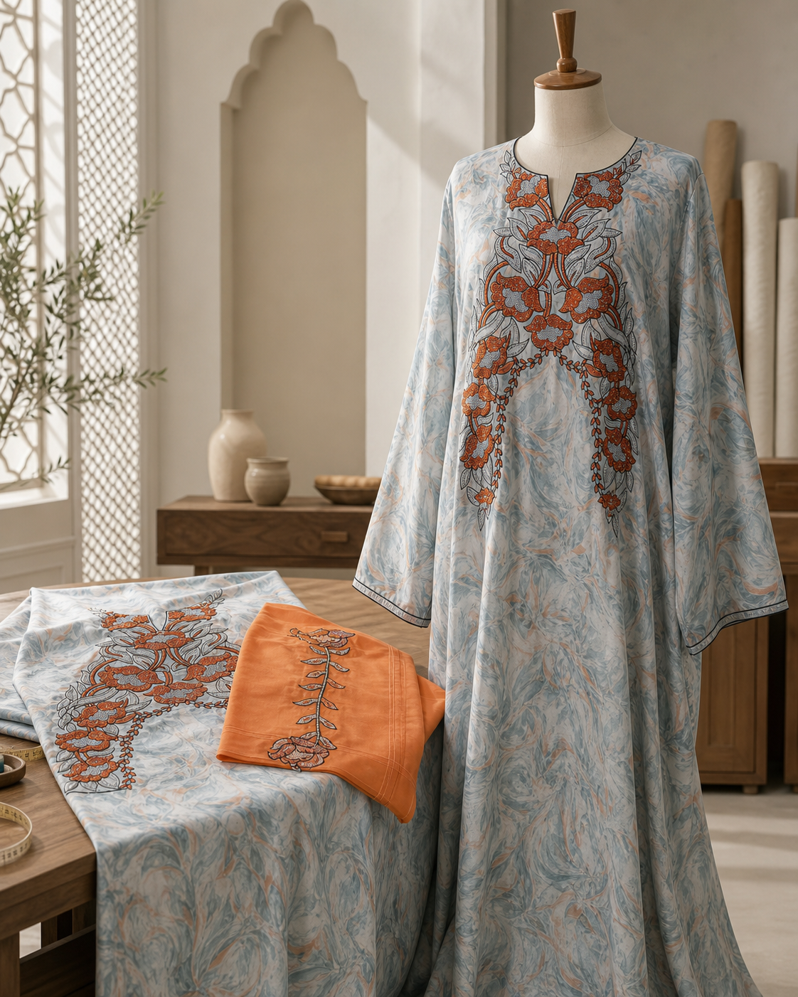 Set Tessuto Makhawir Dubai Azzurro e Arancio con Ricamo - esempio di utilizzo in sartoria