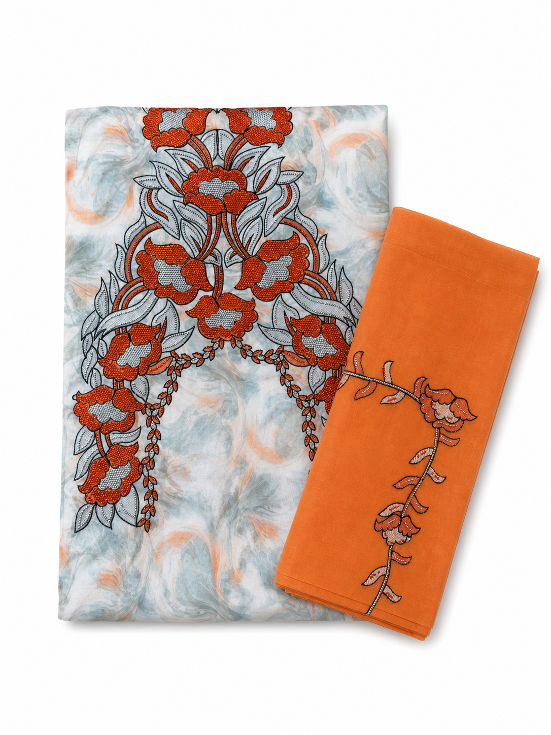 Set Tessuto Makhawir Dubai Azzurro e Arancio con Ricamo - immagine prodotto su sfondo bianco