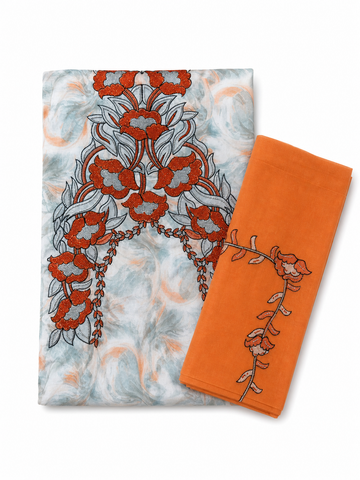 Set Tessuto Makhawir Dubai Azzurro e Arancio con Ricamo - immagine prodotto su sfondo bianco