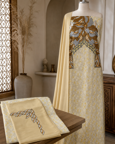 Set Tessuto Makhawir Dubai Beige e Oro con Ricamo - esempio di utilizzo in sartoria