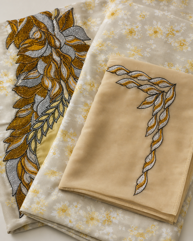 Set Tessuto Makhawir Dubai Beige e Oro con Ricamo - dettaglio ricamo e tessuto