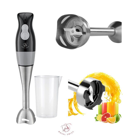 Royal Swiss Pan Set ® - Frullatiore ad immersione miscelatore manuale in acciaio inossidabile - 2 velocità di azione - potente motore da 300 watt- Grande Bicchiere da 650 ml - Acciaio Inox