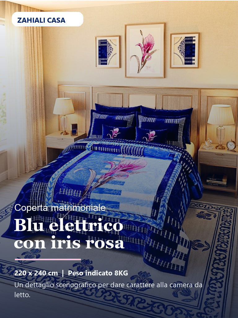 Coperta matrimoniale blu elettrico con iris rosa su letto matrimoniale