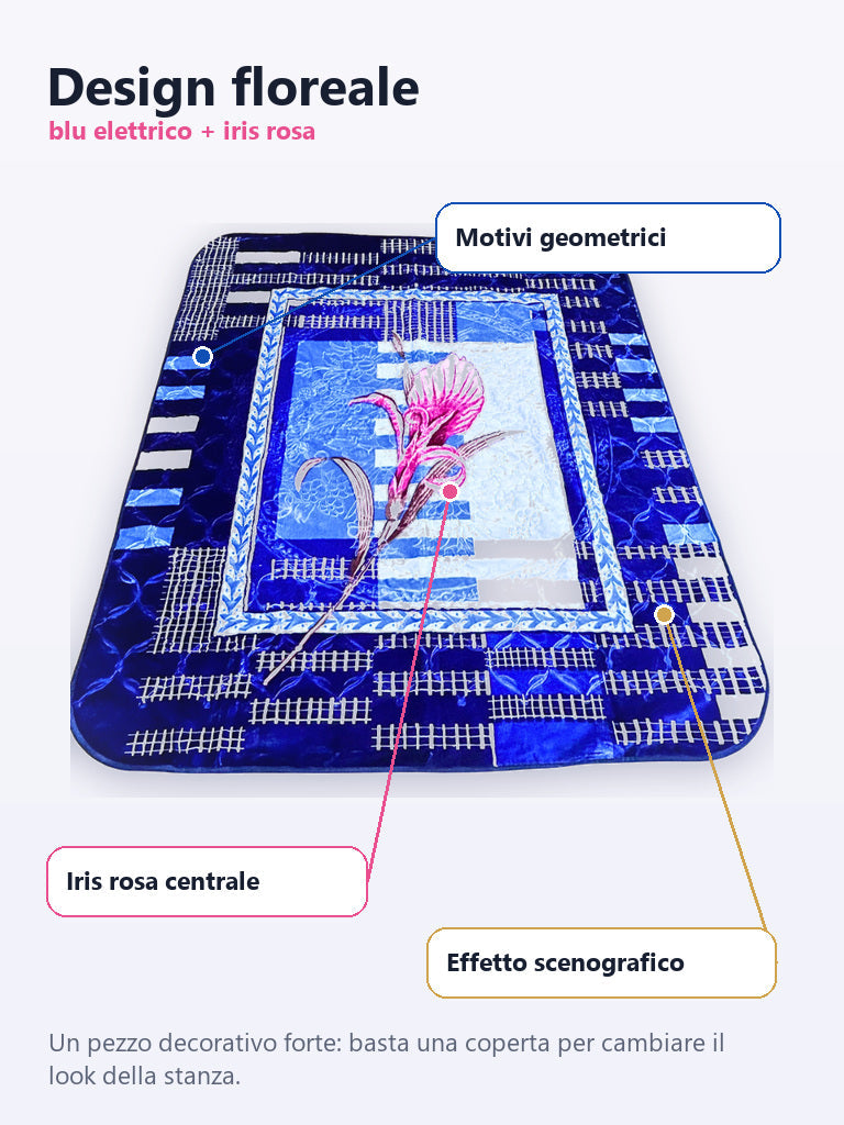 Design floreale con iris rosa e motivi geometrici su coperta blu elettrico