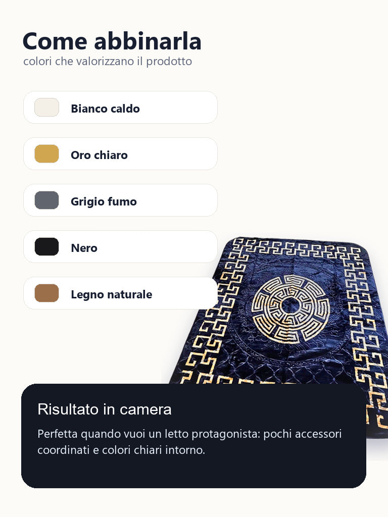 Idee abbinamento camera per coperta nera e oro con greca
