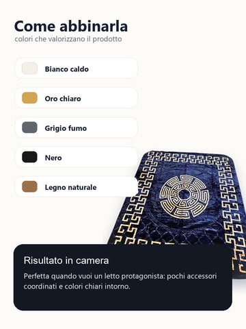 Idee abbinamento camera per coperta nera e oro con greca