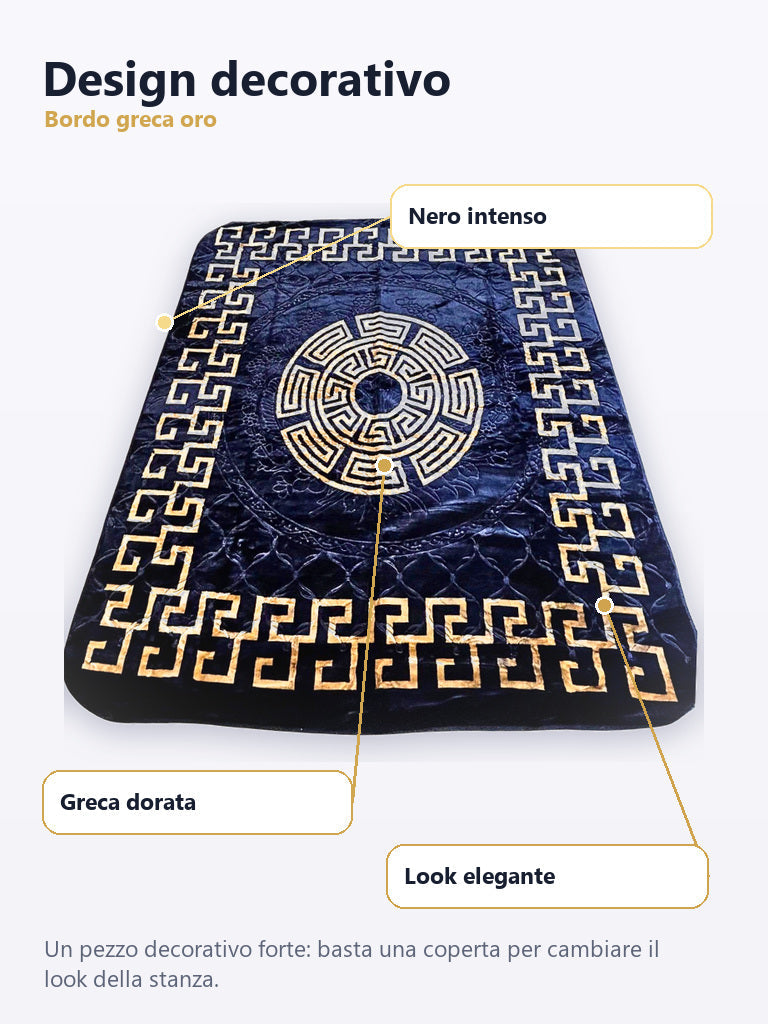Design greca dorata coperta matrimoniale nera e oro