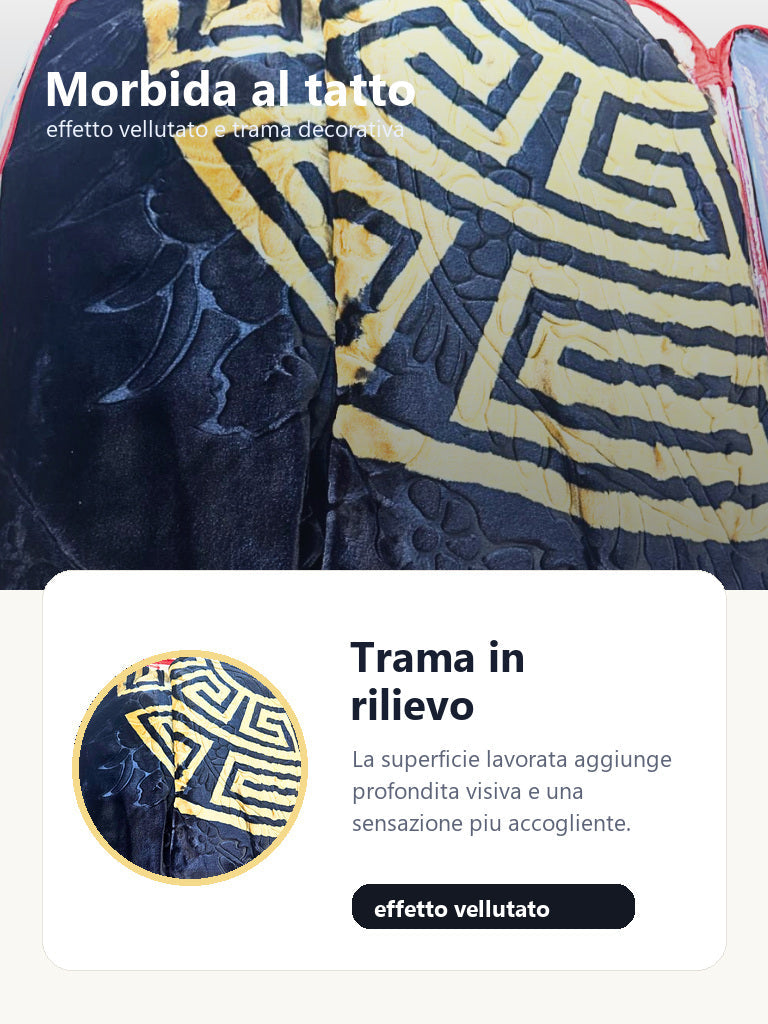 Dettaglio tessuto effetto vellutato coperta nera e oro con greca