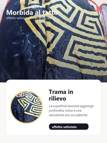 Dettaglio tessuto effetto vellutato coperta nera e oro con greca