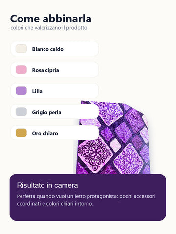 Idee abbinamento camera per coperta patchwork viola e rosa