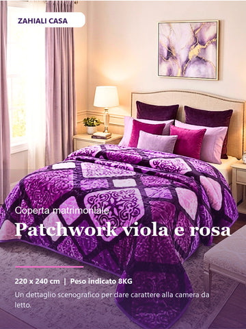 Coperta matrimoniale patchwork viola e rosa in camera da letto