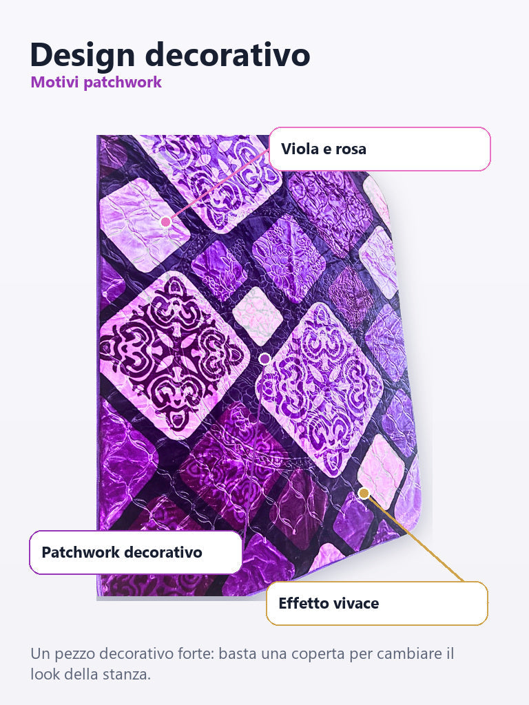 Design patchwork viola e rosa con motivi decorativi
