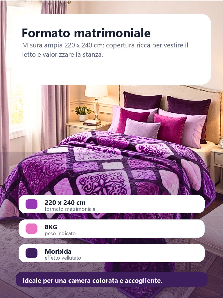 Coperta matrimoniale patchwork viola e rosa 220 x 240 cm 8KG