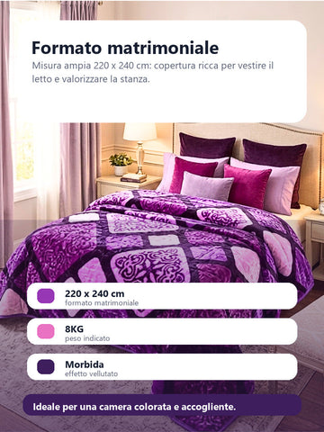 Coperta matrimoniale patchwork viola e rosa 220 x 240 cm 8KG