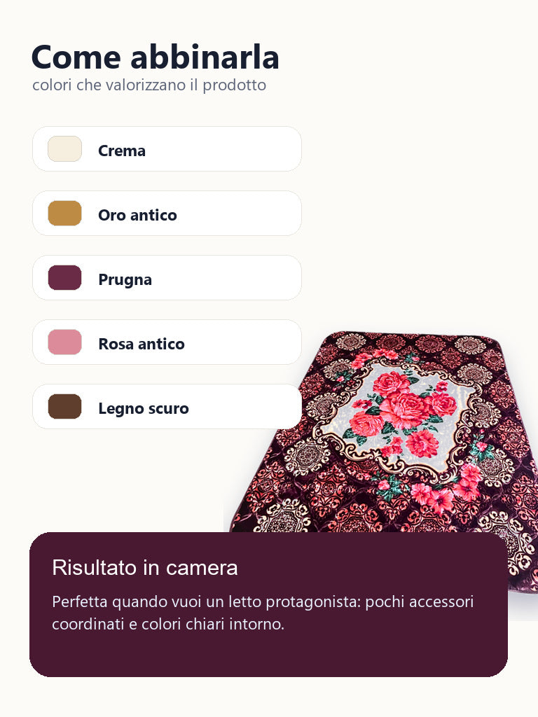 Idee abbinamento camera per coperta prugna e oro con rose rosa