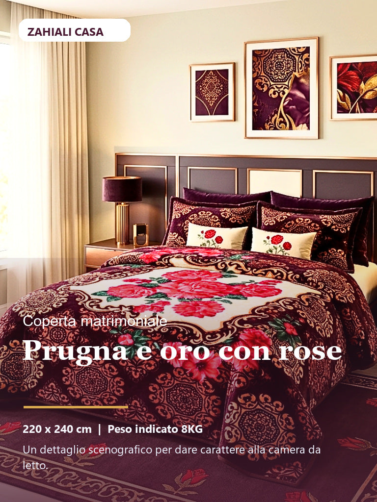 Coperta matrimoniale prugna e oro con rose rosa in camera da letto