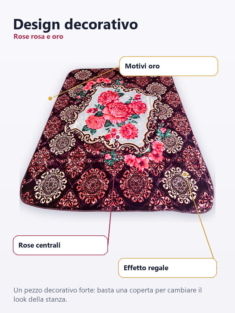 Design rose rosa e motivi oro coperta matrimoniale prugna