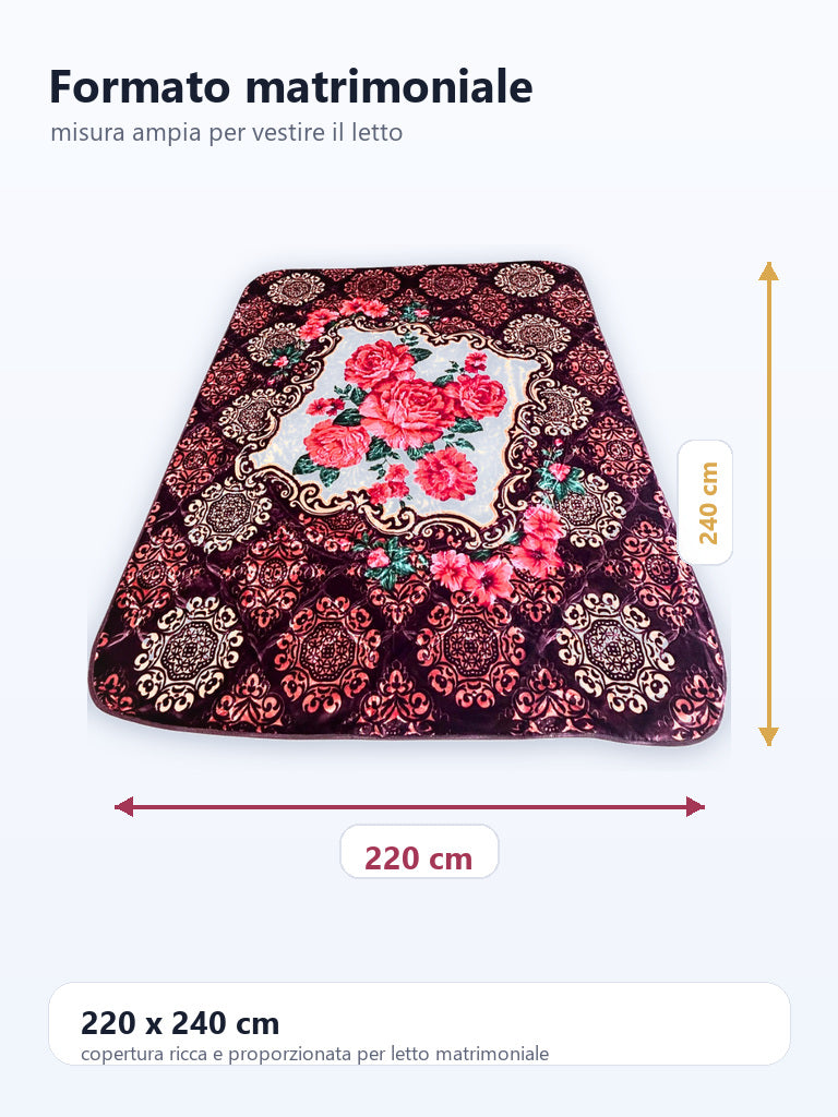 Coperta matrimoniale prugna e oro con rose 220 x 240 cm 8KG