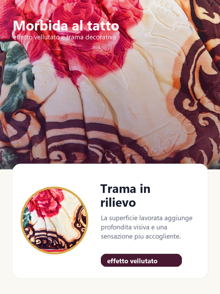 Dettaglio tessuto effetto vellutato coperta prugna e oro con rose rosa