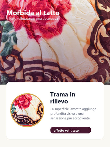 Dettaglio tessuto effetto vellutato coperta prugna e oro con rose rosa