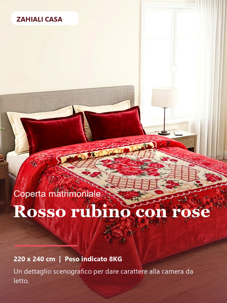 Coperta matrimoniale rosso rubino con bouquet di rose in camera da letto