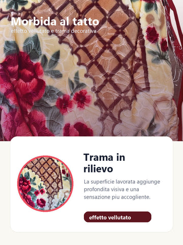 Dettaglio tessuto effetto vellutato coperta rosso rubino con rose