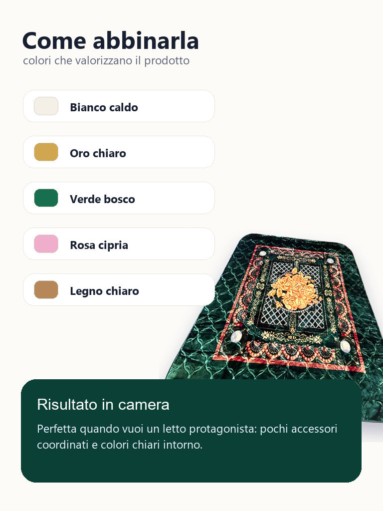 Idee abbinamento camera per coperta verde smeraldo con rose oro