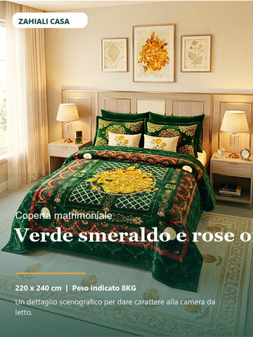 Coperta matrimoniale verde smeraldo con rose oro in camera da letto