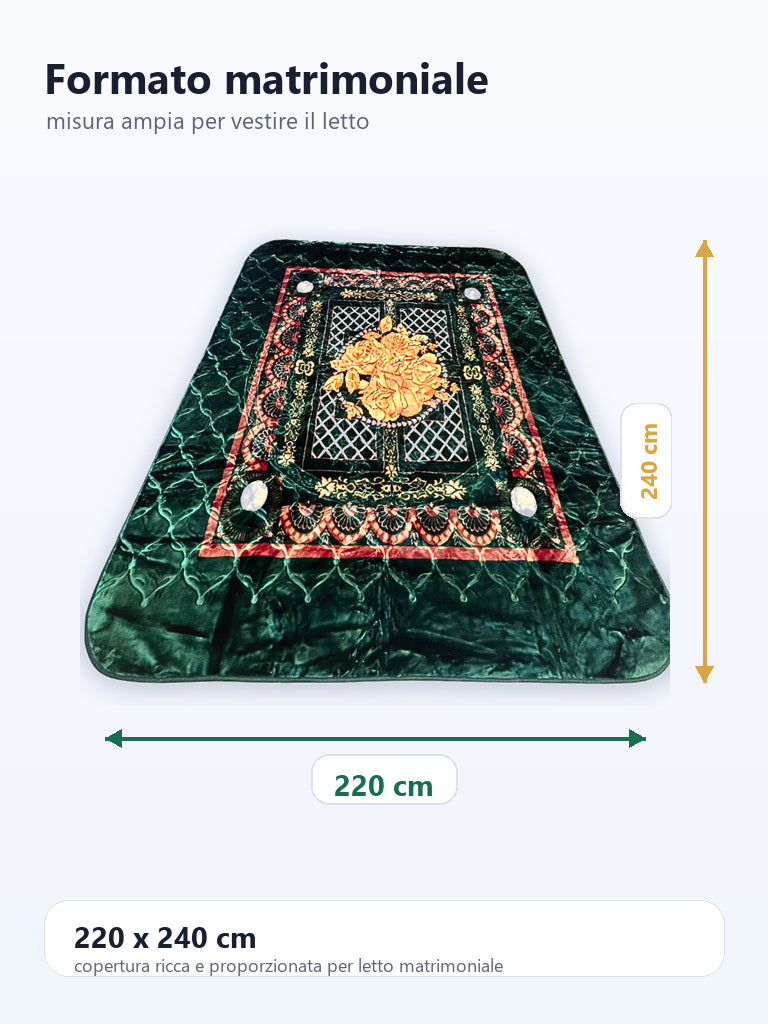 Coperta matrimoniale verde smeraldo con rose oro 220 x 240 cm 8KG
