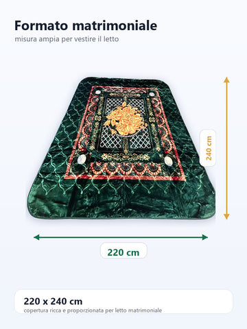 Coperta matrimoniale verde smeraldo con rose oro 220 x 240 cm 8KG
