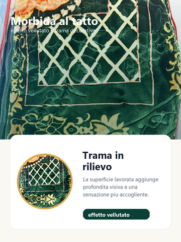 Dettaglio tessuto effetto vellutato coperta verde smeraldo con rose oro