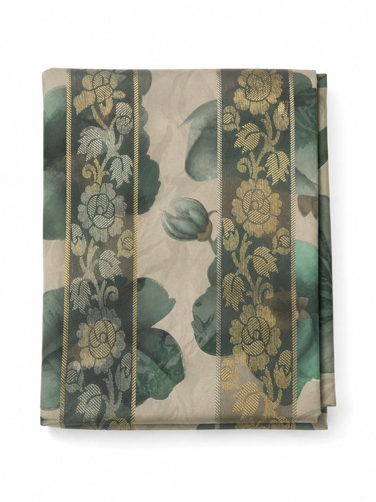 Coupon Tessuto 3 Metri Verde Salvia Floreale con Fasce Oro, vista prodotto su sfondo bianco
