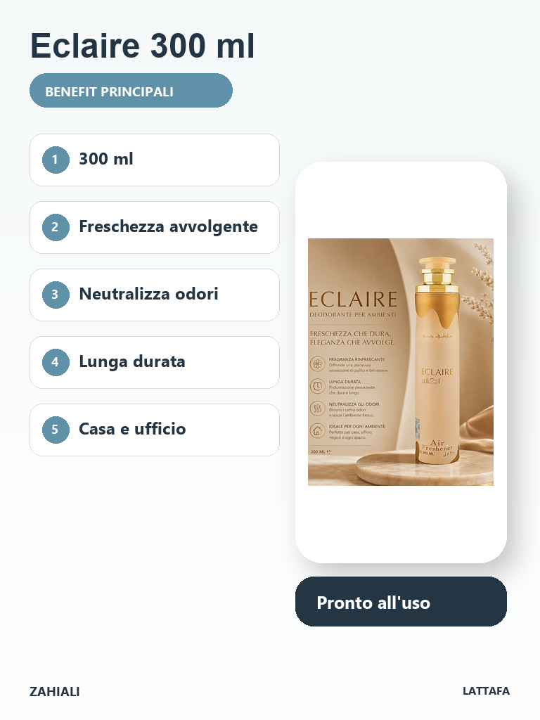 Eclaire Lattafa 300 ml freschezza avvolgente neutralizza odori lunga durata casa ufficio