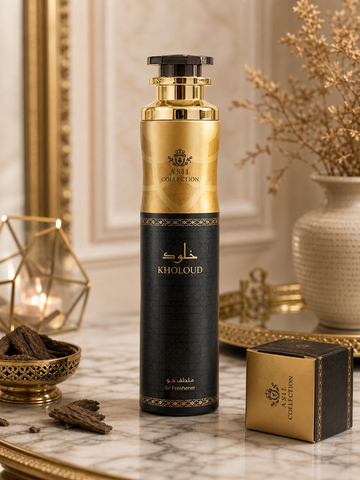 Kholoud Asil Collection air freshener 300 ml nero oro con confezione in ambiente premium