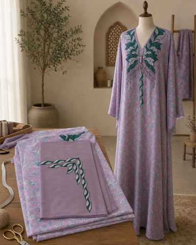 Set Tessuto Makhawir Dubai Lilla e Verde con Ricamo - esempio di utilizzo in sartoria