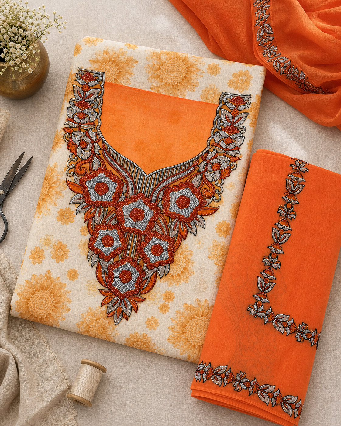 Makhawir Dubai arancio e crema - tessuto in atelier sartoriale