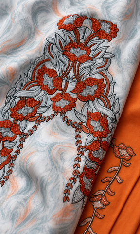 Makhawir Dubai azzurro e arancio - dettaglio del ricamo e del tessuto