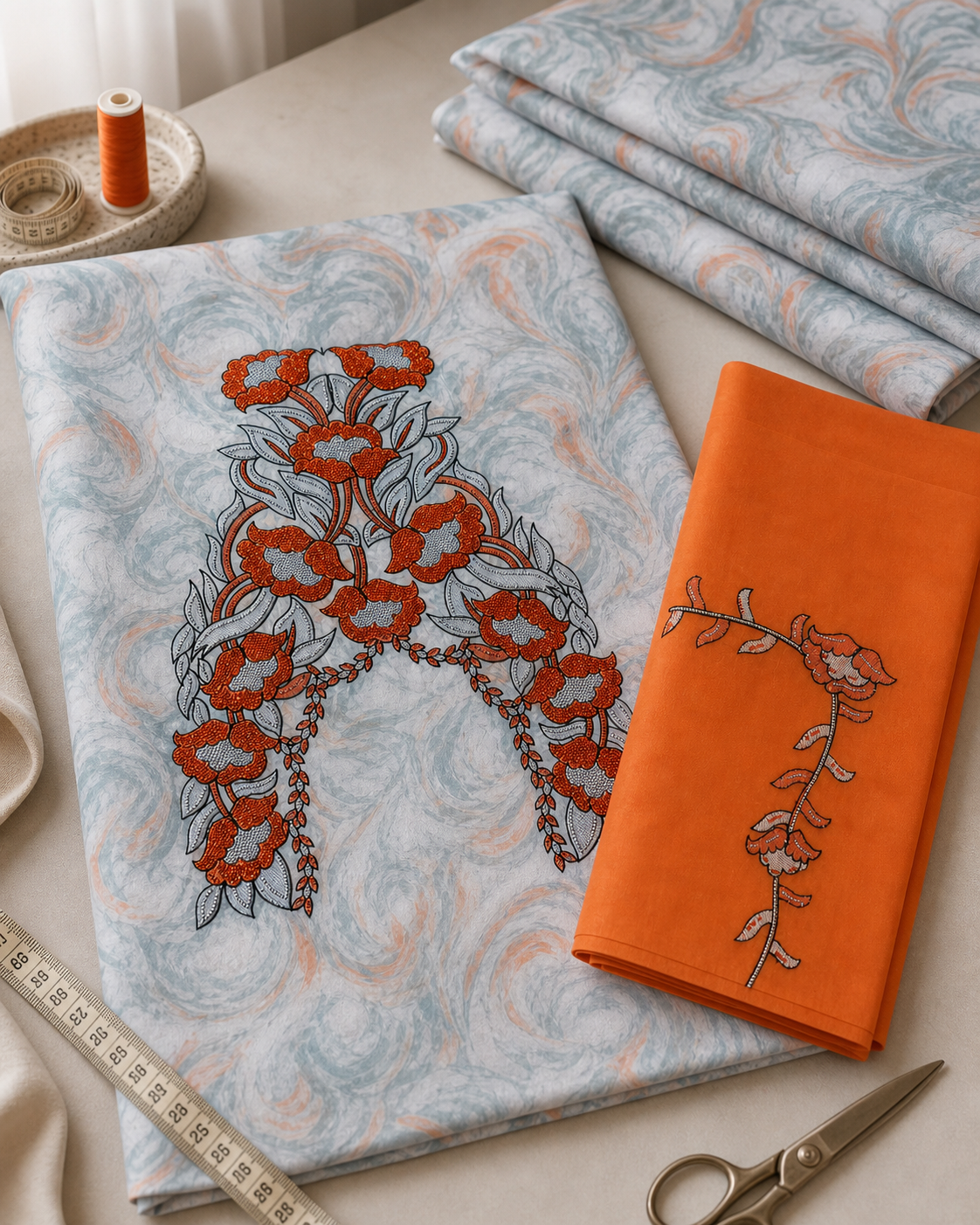 Makhawir Dubai azzurro e arancio - tessuto in atelier sartoriale