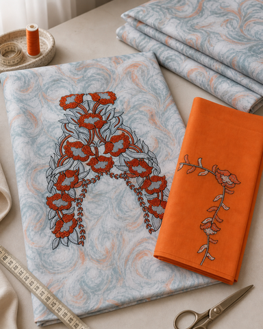 Makhawir Dubai azzurro e arancio - tessuto in atelier sartoriale