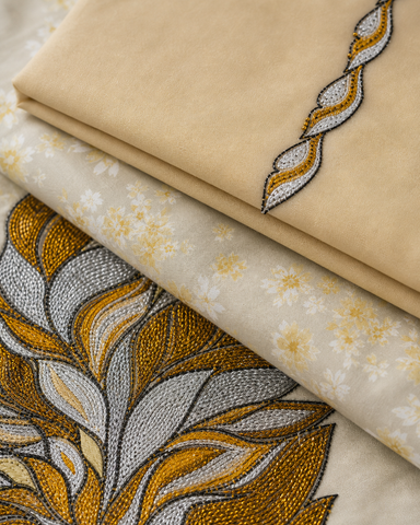 Makhawir Dubai beige e oro - dettaglio del ricamo e del tessuto