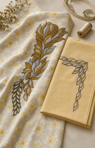 Makhawir Dubai beige e oro - tessuto in atelier sartoriale