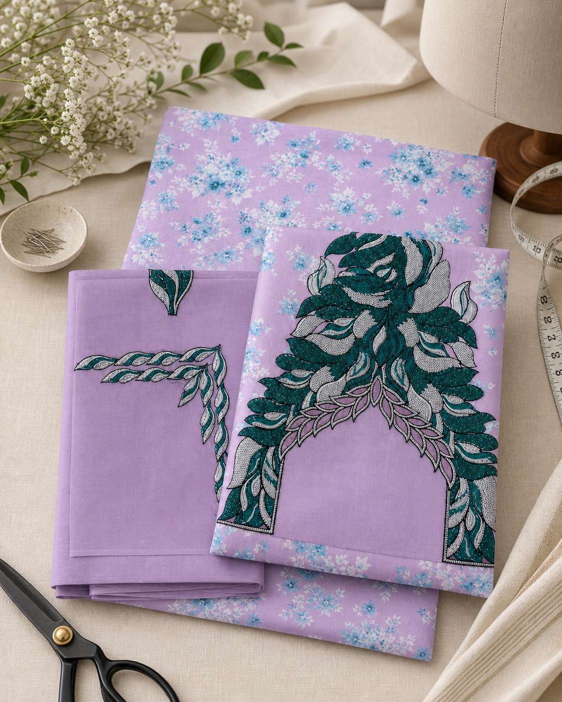 Makhawir Dubai lilla e verde - tessuto in atelier sartoriale