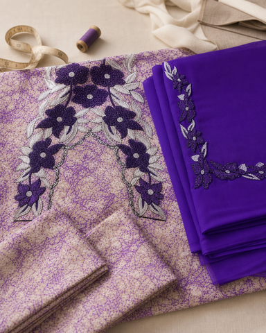 Makhawir Dubai viola e argento - tessuto in atelier sartoriale