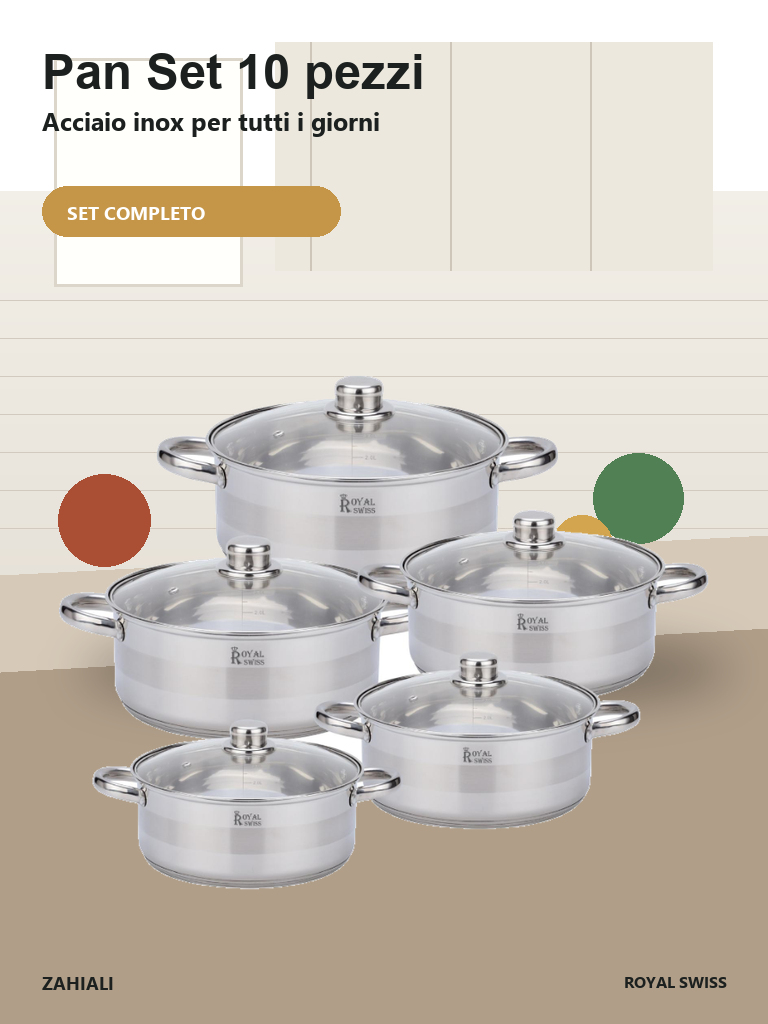 Royal Swiss Pan Set 10 pezzi in acciaio inox su piano cucina