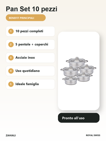 Royal Swiss Pan Set 10 pezzi acciaio inox 5 pentole con coperchi uso quotidiano